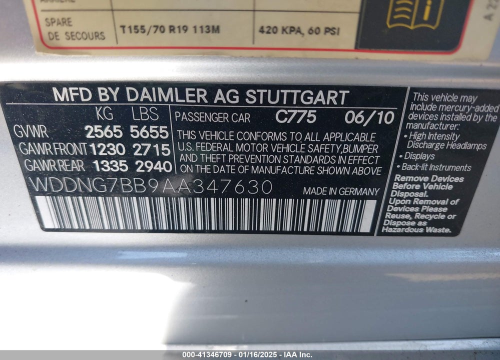 2010 MERCEDES-BENZ S 550 VIN: WDDNG7BB9AA347630