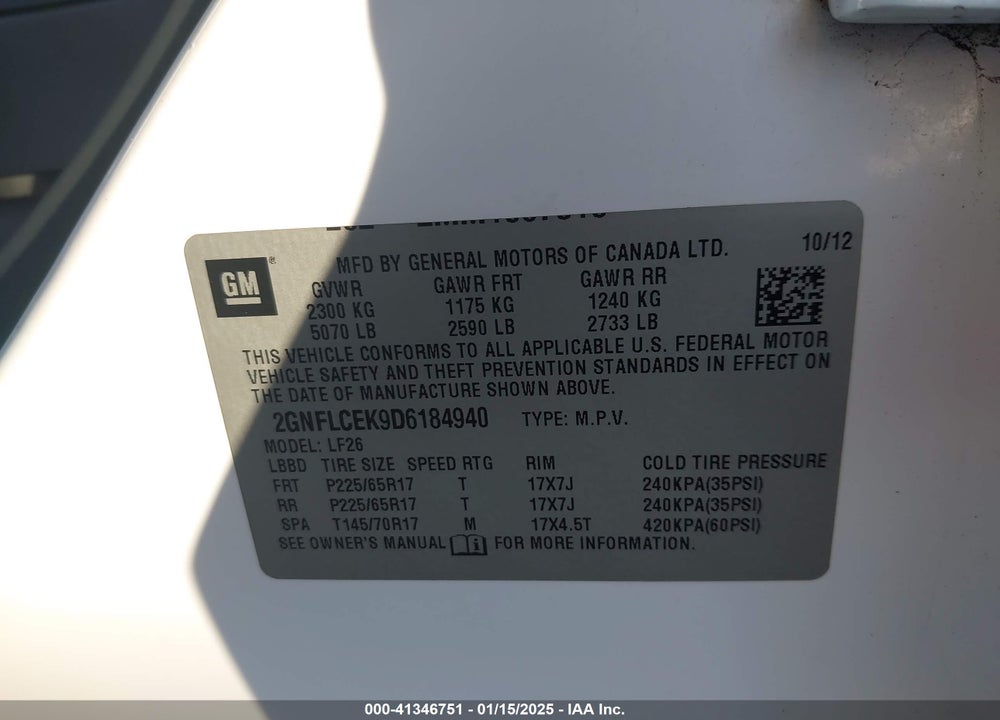 2013 CHEVROLET EQUINOX VIN: 2GNFLCEK9D6184940