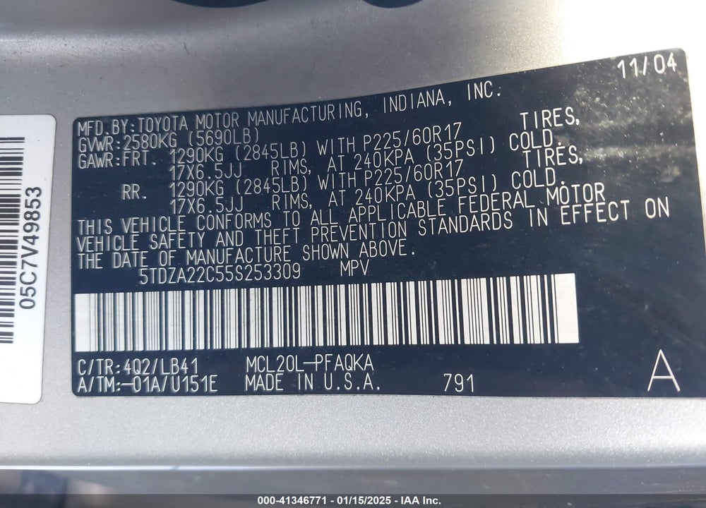 2005 TOYOTA SIENNA XLE LIMITED VIN: 5TDZA22C55S253309