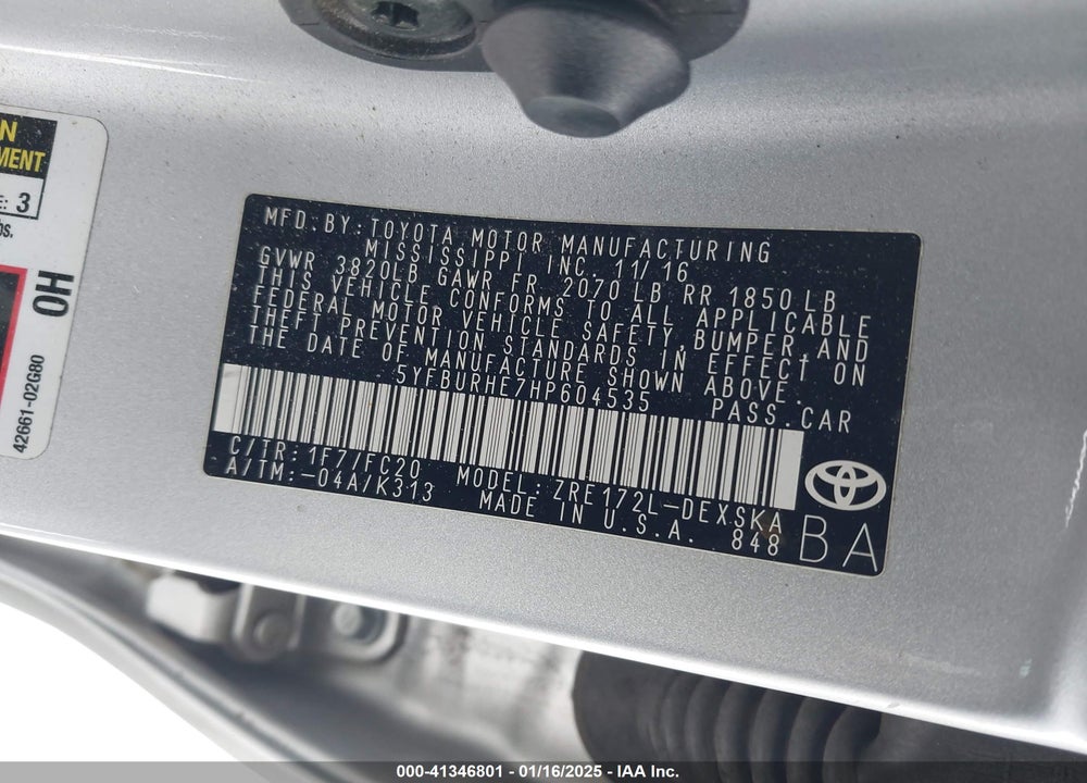 2017 TOYOTA COROLLA VIN: 5YFBURHE7HP604535