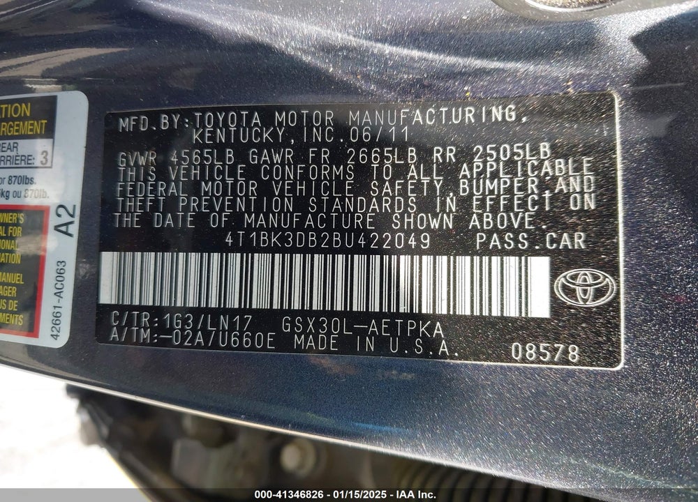2011 TOYOTA AVALON VIN: 4T1BK3DB2BU422049