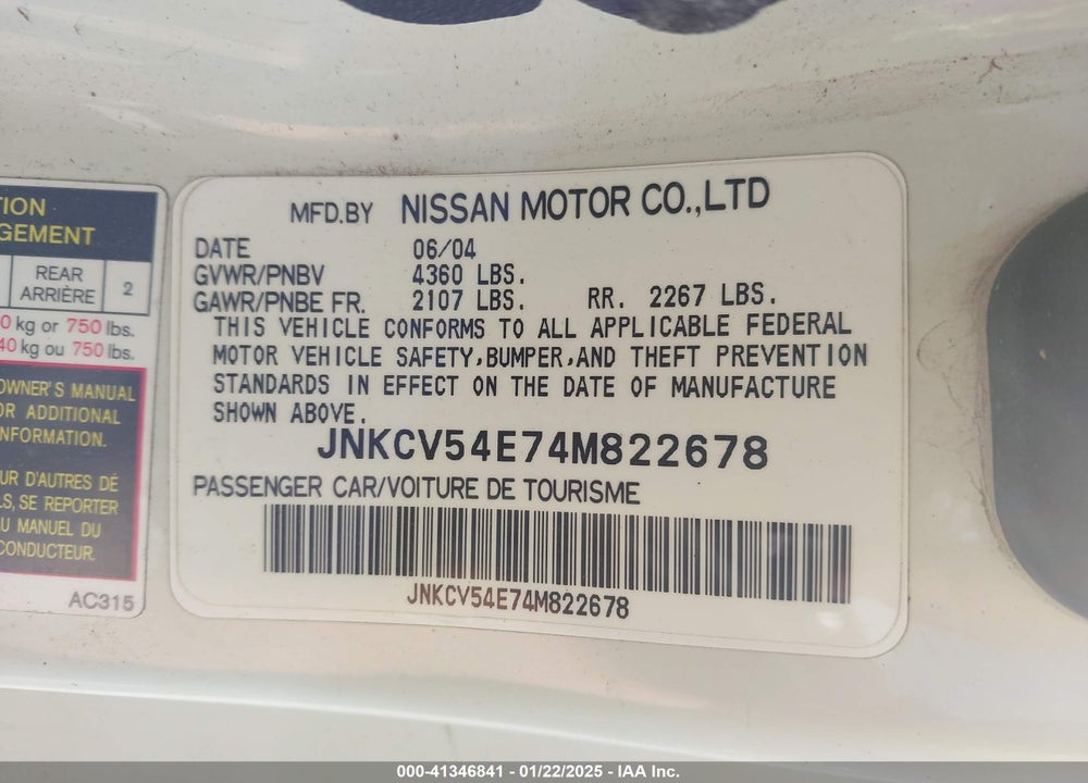 2004 INFINITI G35 VIN: JNKCV54E74M822678