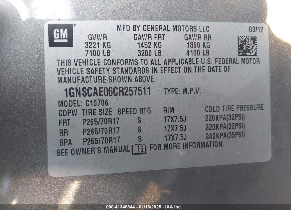 2012 CHEVROLET TAHOE LS VIN: 1GNSCAE06CR257511
