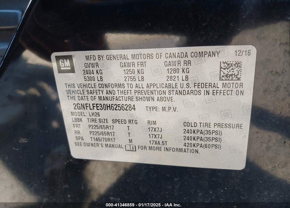 2017 CHEVROLET EQUINOX LT VIN: 2GNFLFE30H6256284