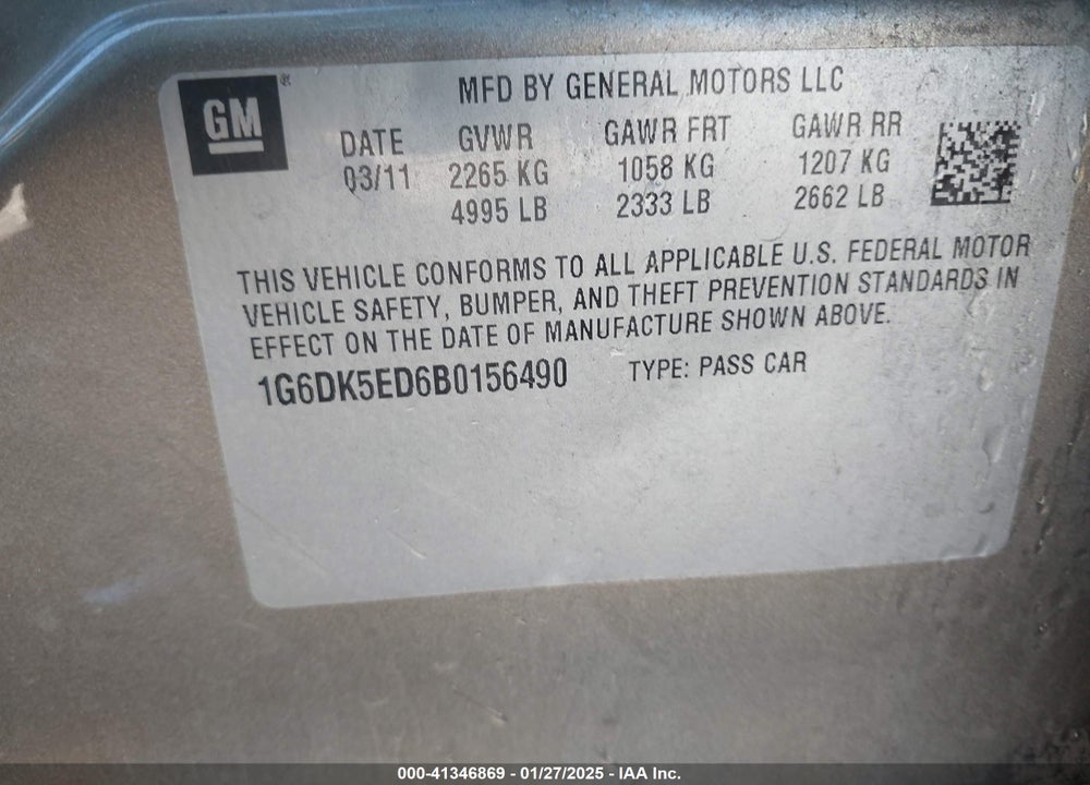 2011 CADILLAC CTS VIN: 1G6DK5ED6B0156490