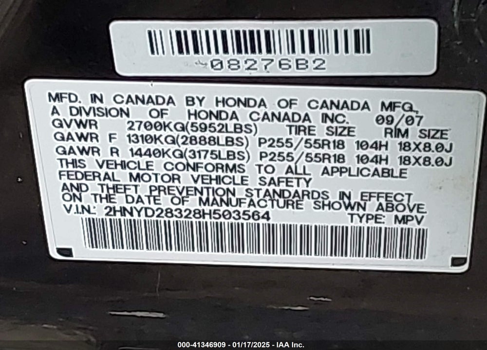 2008 ACURA MDX TECHNOLOGY PACKAGE VIN: 2HNYD28328H503564