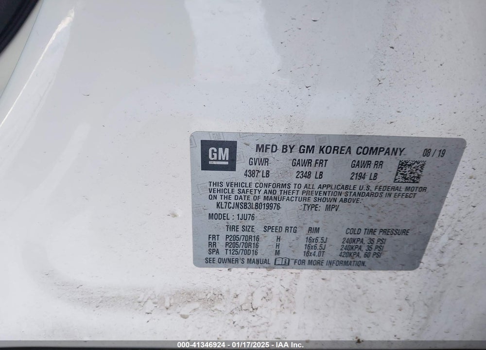 2020 CHEVROLET TRAX AWD LS VIN: KL7CJNSB3LB019976