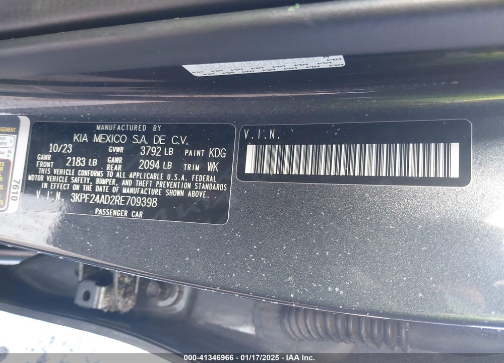 2024 KIA FORTE VIN: 3KPF24AD2RE709398