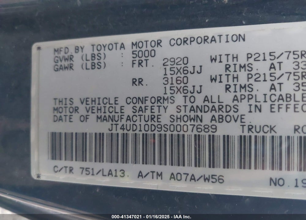 1995 TOYOTA T100 VIN: JT4UD10D9S0007689