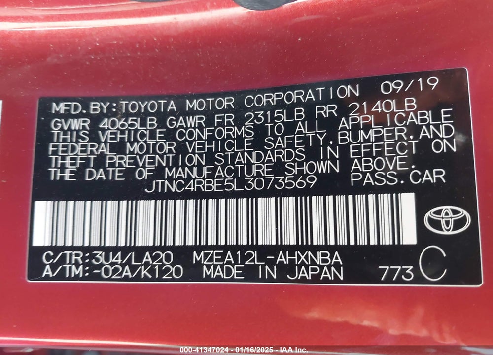 2020 TOYOTA COROLLA VIN: JTNC4RBE5L3073569
