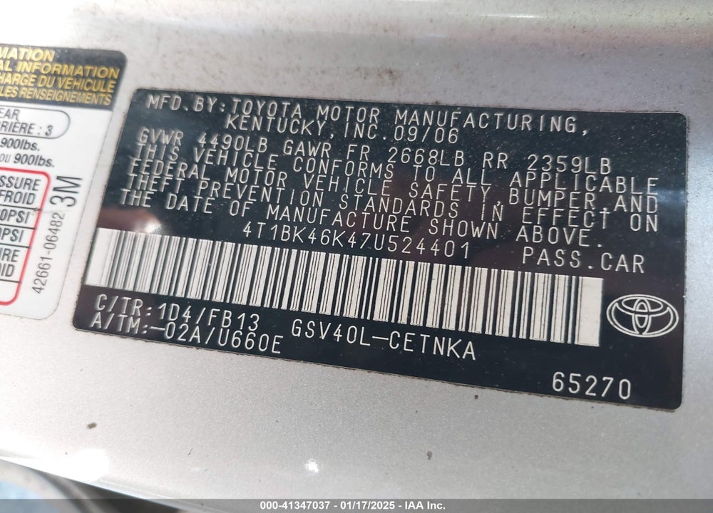 2007 TOYOTA CAMRY VIN: 4T1BK46K47U524401