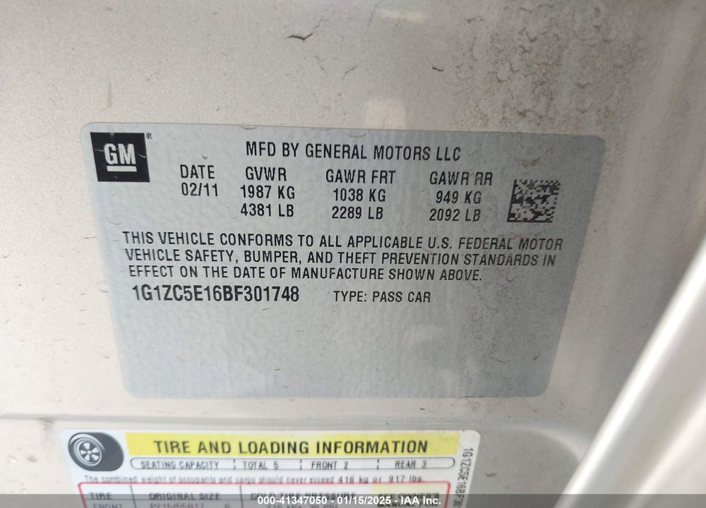 2011 CHEVROLET MALIBU VIN: 1G1ZC5E16BF301748