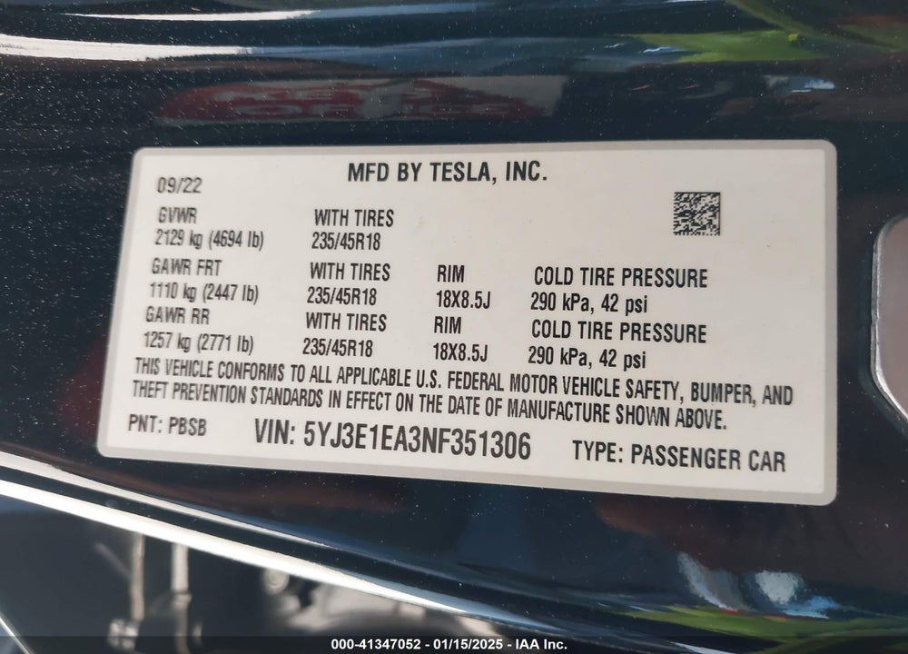 2022 TESLA MODEL 3 VIN: 5YJ3E1EA3NF351306