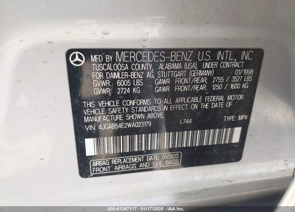 1998 MERCEDES-BENZ ML 320 CLASSIC VIN: 4JGAB54E2WA023179