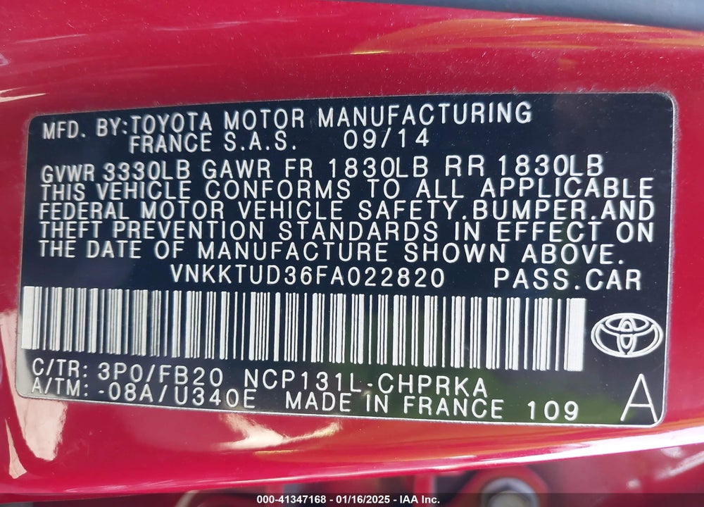 2015 TOYOTA YARIS VIN: VNKKTUD36FA022820
