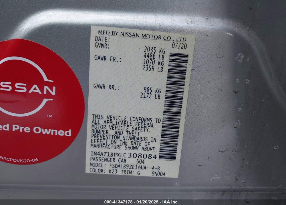 2020 NISSAN LEAF S 40 KWH VIN: 1N4AZ1BPXLC308084