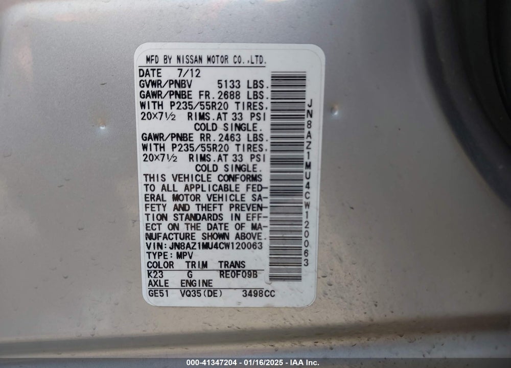 2012 NISSAN MURANO LE VIN: JN8AZ1MU4CW120063