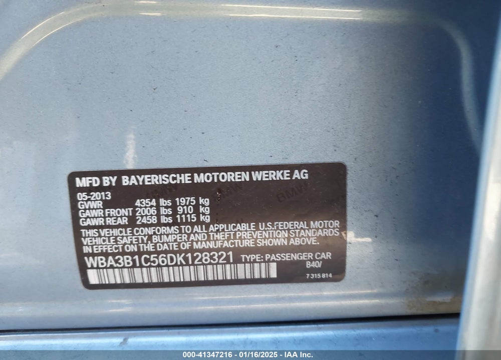 2013 BMW 320I VIN: WBA3B1C56DK128321