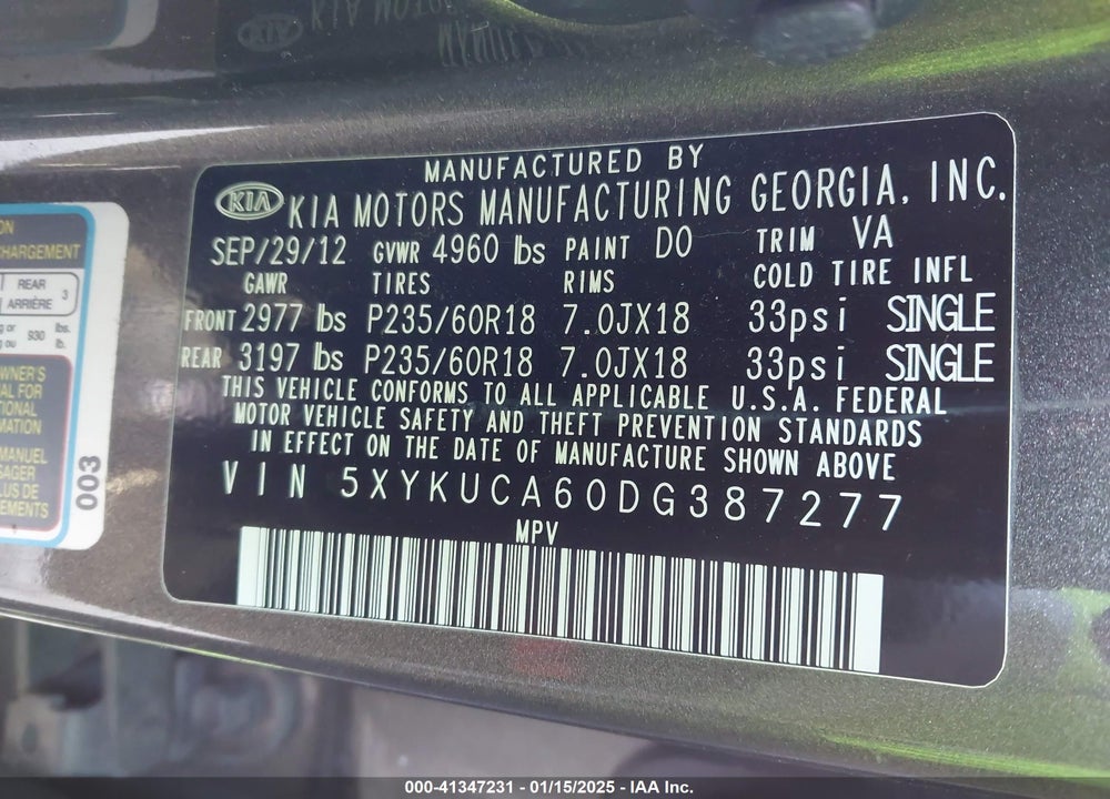 2013 KIA SORENTO EX VIN: 5XYKUCA60DG387277