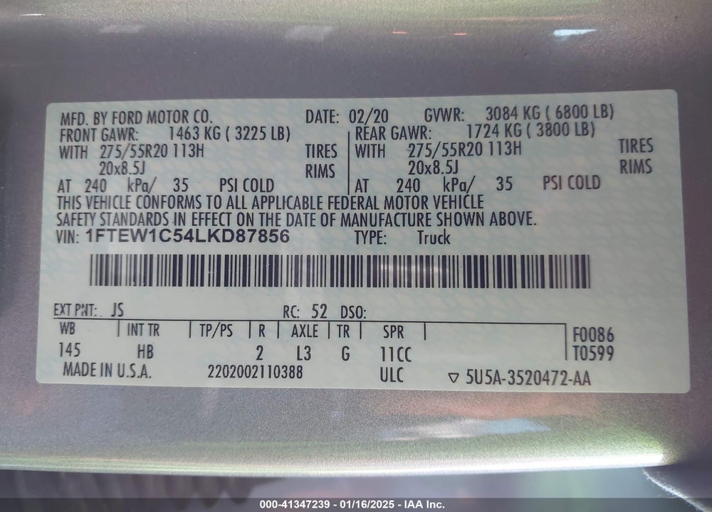 2020 FORD F-150 VIN: 1FTEW1C54LKD87856