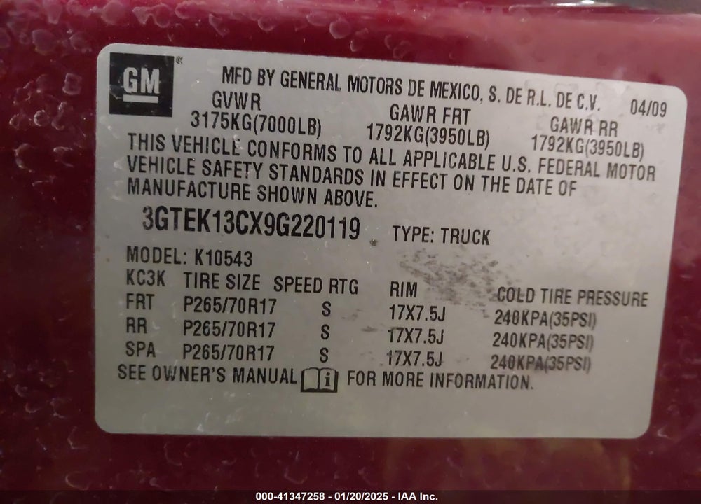 2009 GMC SIERRA 1500 VIN: 3GTEK13CX9G220119
