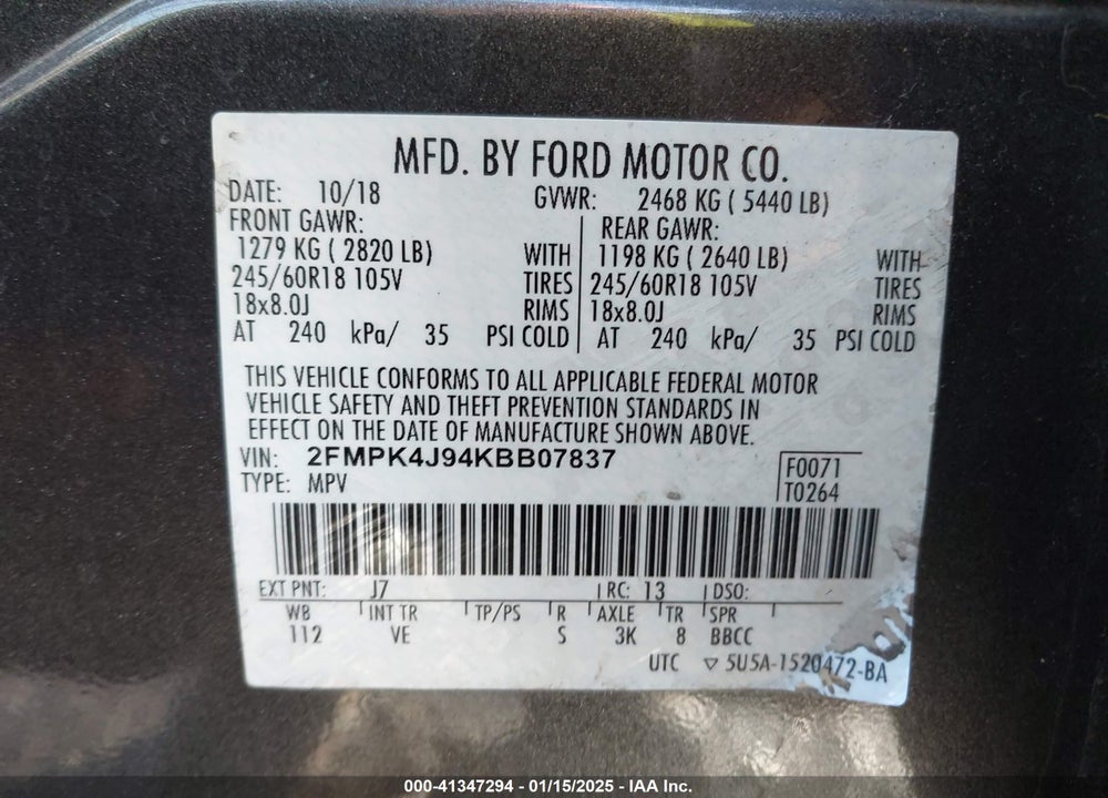 2019 FORD EDGE VIN: 2FMPK4J94KBB07837