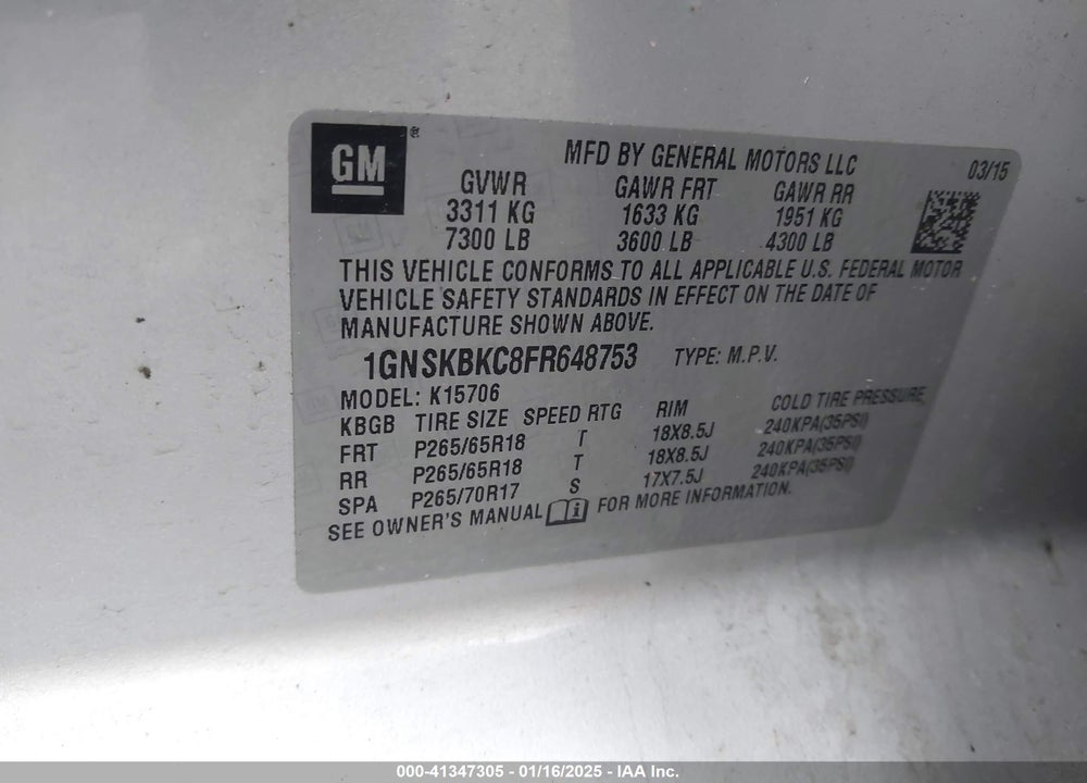 2015 CHEVROLET TAHOE LT VIN: 1GNSKBKC8FR648753