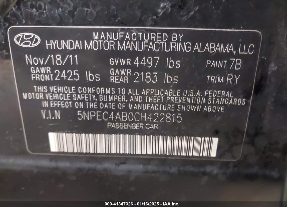 2012 HYUNDAI SONATA VIN: 5NPEC4AB0CH422815