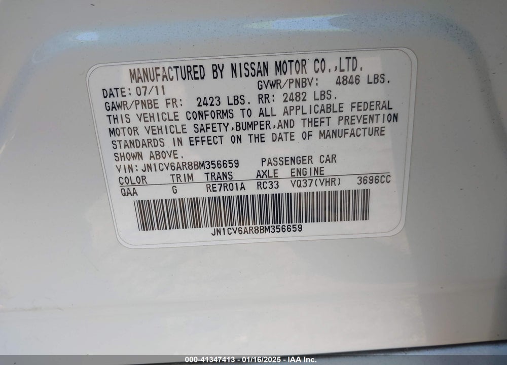 2011 INFINITI G37X VIN: JN1CV6AR8BM356659