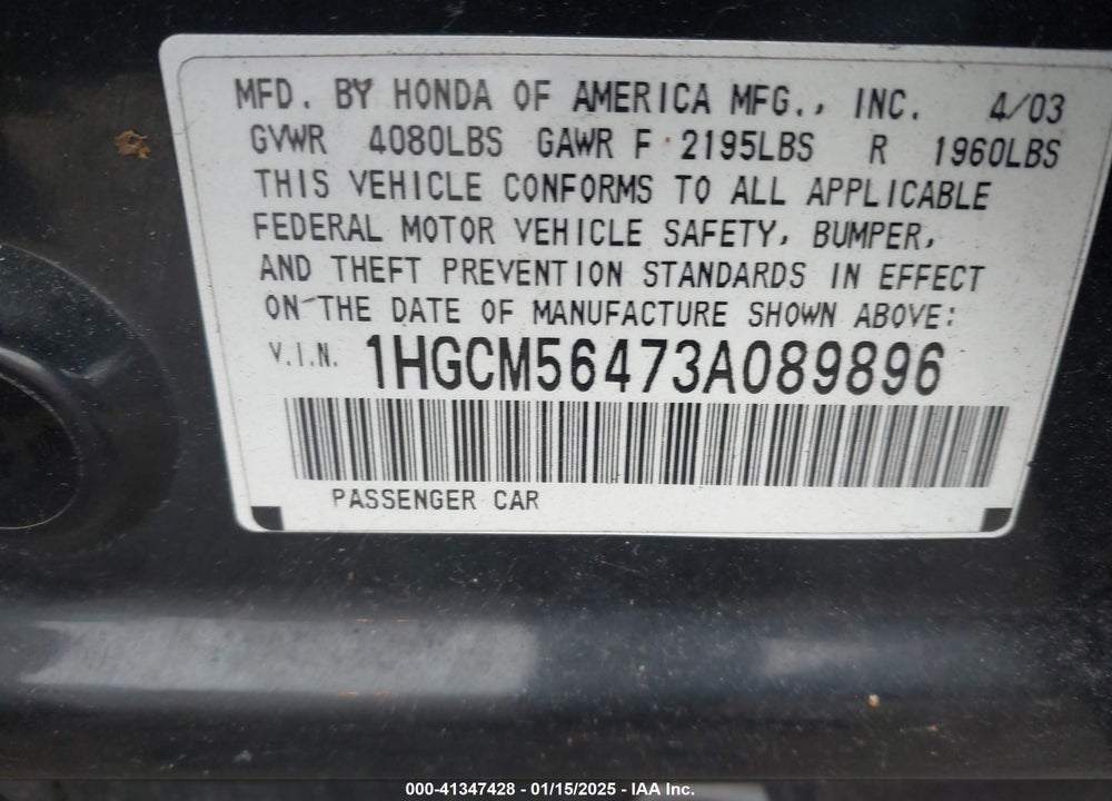 2003 HONDA ACCORD 2.4 LX VIN: 1HGCM56473A089896