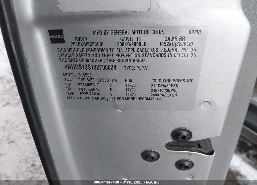 2008 ISUZU ASCENDER S VIN: 4NUDS13S182700824