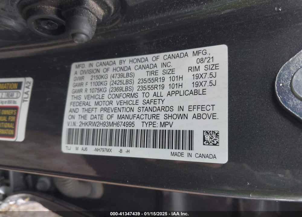 2021 HONDA CR-V AWD TOURING VIN: 2HKRW2H93MH674995