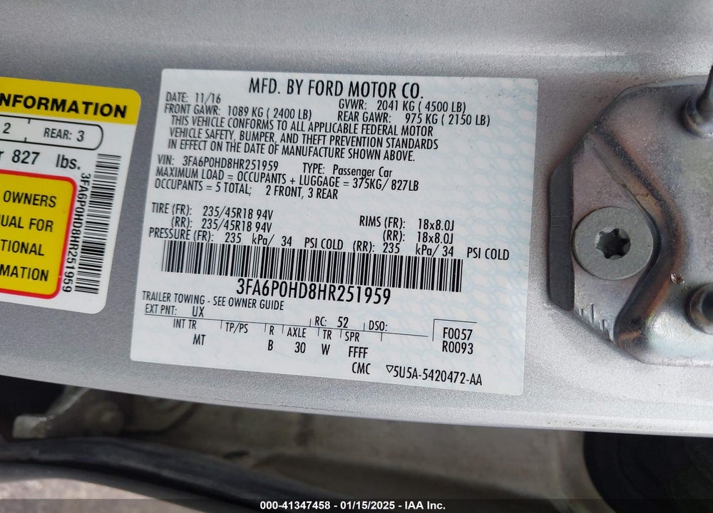 2017 FORD FUSION SE VIN: 3FA6P0HD8HR251959