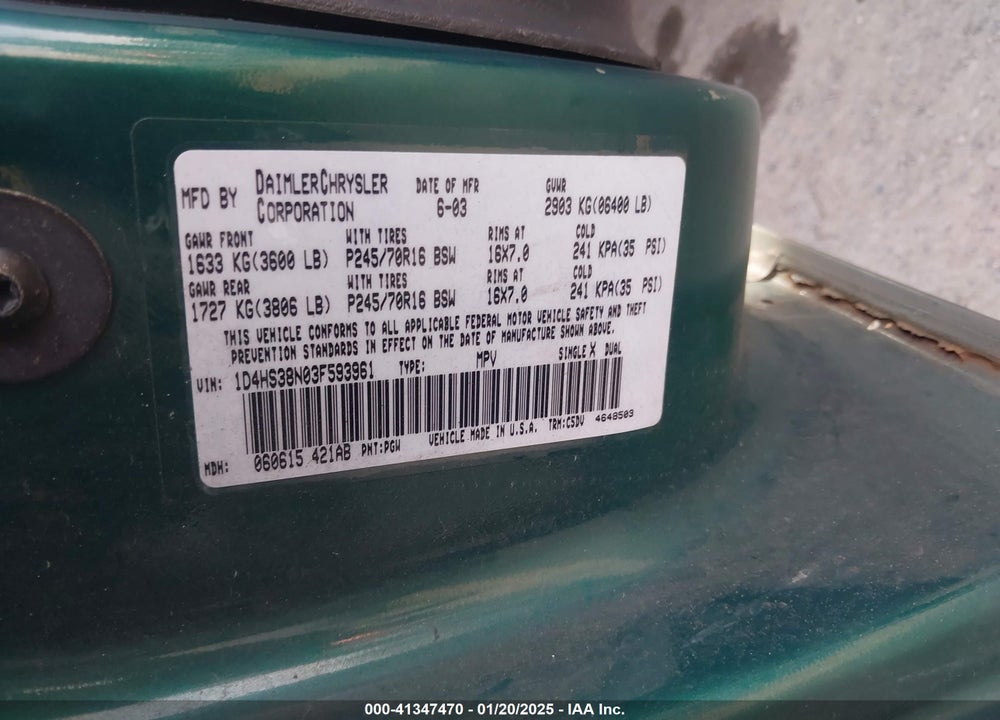 2003 DODGE DURANGO SPORT/SXT VIN: 1D4HS38N03F593961