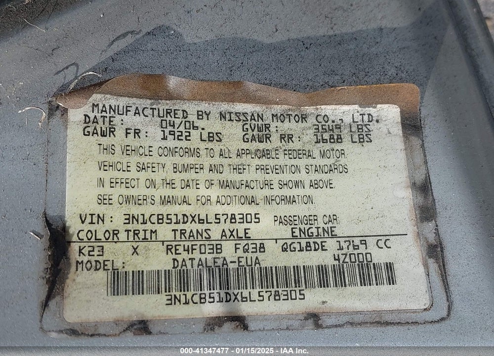 2006 NISSAN SENTRA VIN: 3N1CB51DX6L578305