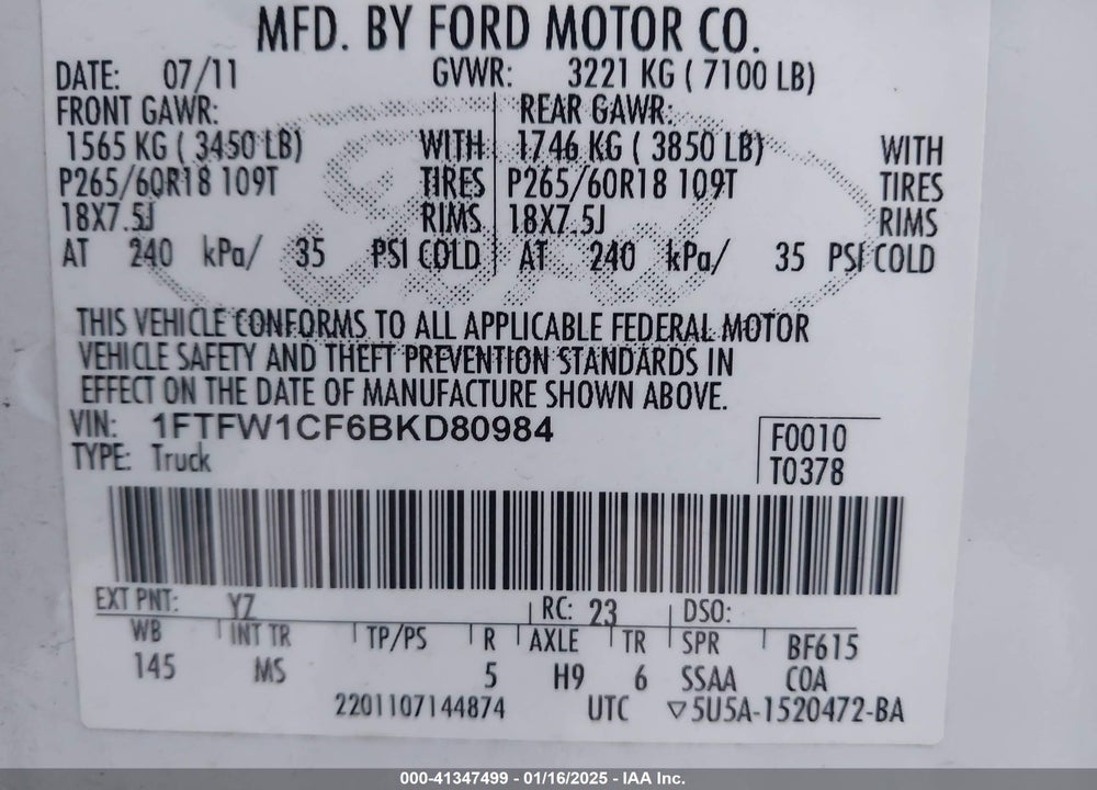 2011 FORD F150 VIN: 1FTFW1CF6BKD80984
