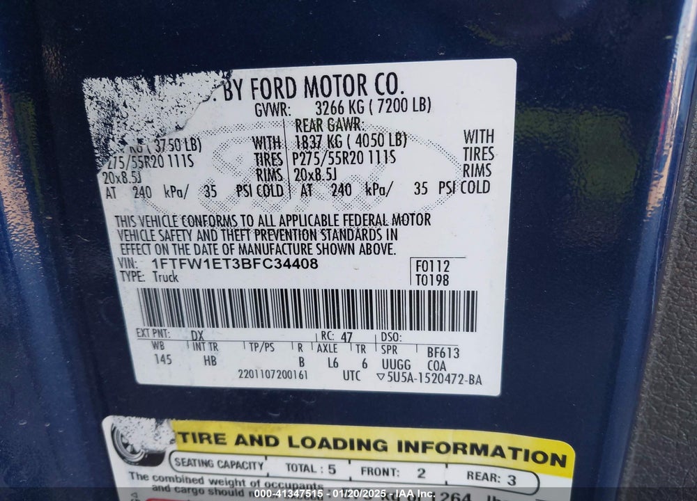 2011 FORD F150 VIN: 1FTFW1ET3BFC34408
