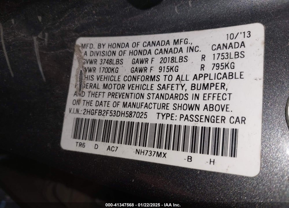 2013 HONDA CIVIC VIN: 2HGFB2F53DH587025