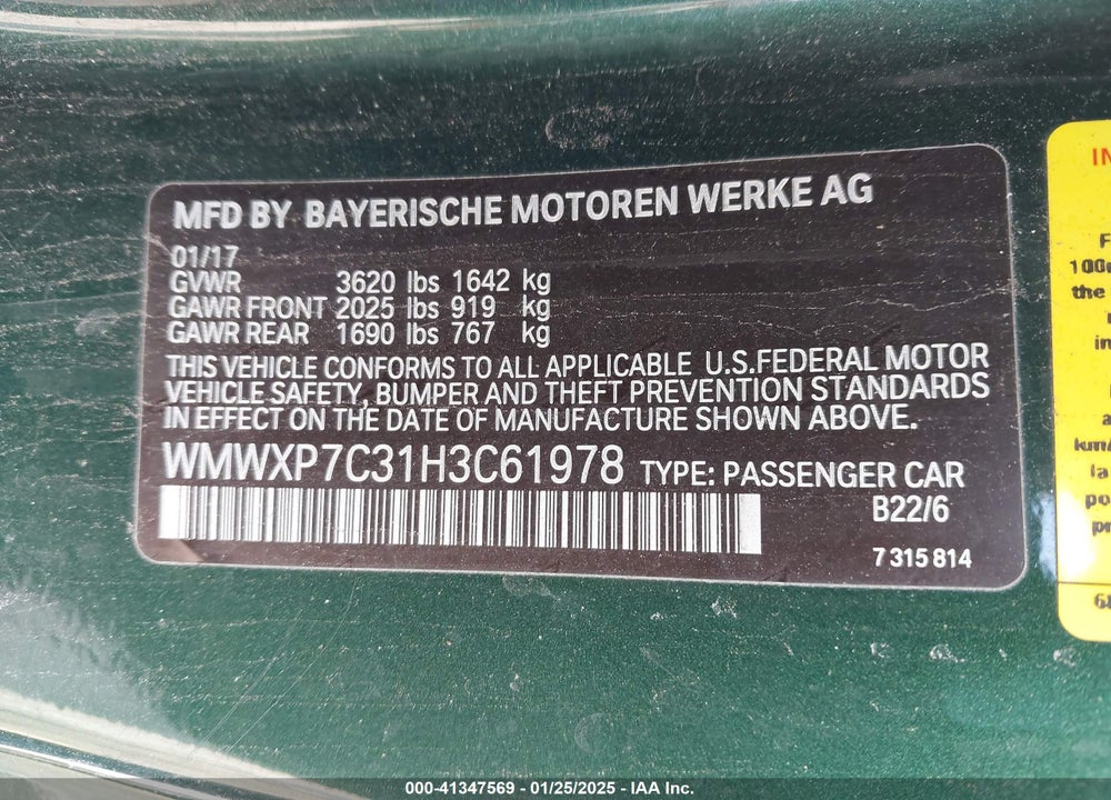 2017 MINI HARDTOP VIN: WMWXP7C31H3C61978
