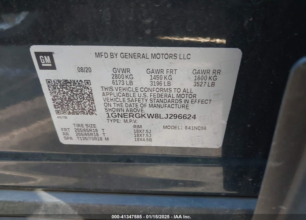 2020 CHEVROLET TRAVERSE FWD LT CLOTH VIN: 1GNERGKW8LJ296624