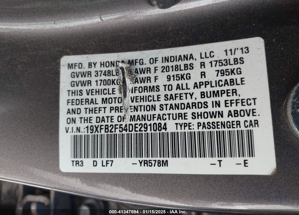 2013 HONDA CIVIC LX VIN: 19XFB2F54DE291084