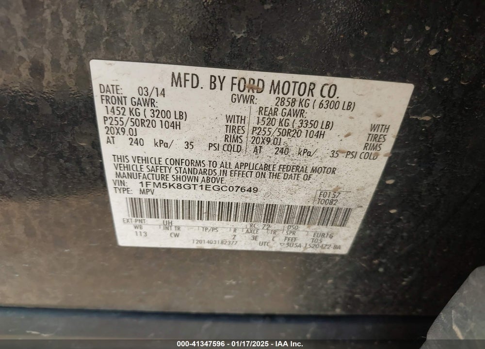 2014 FORD EXPLORER SPORT VIN: 1FM5K8GT1EGC07649