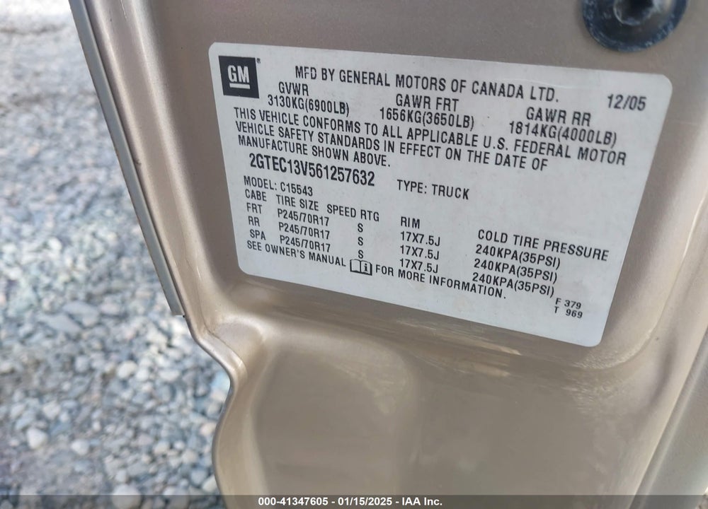 2006 GMC SIERRA 1500 VIN: 2GTEC13V561257632