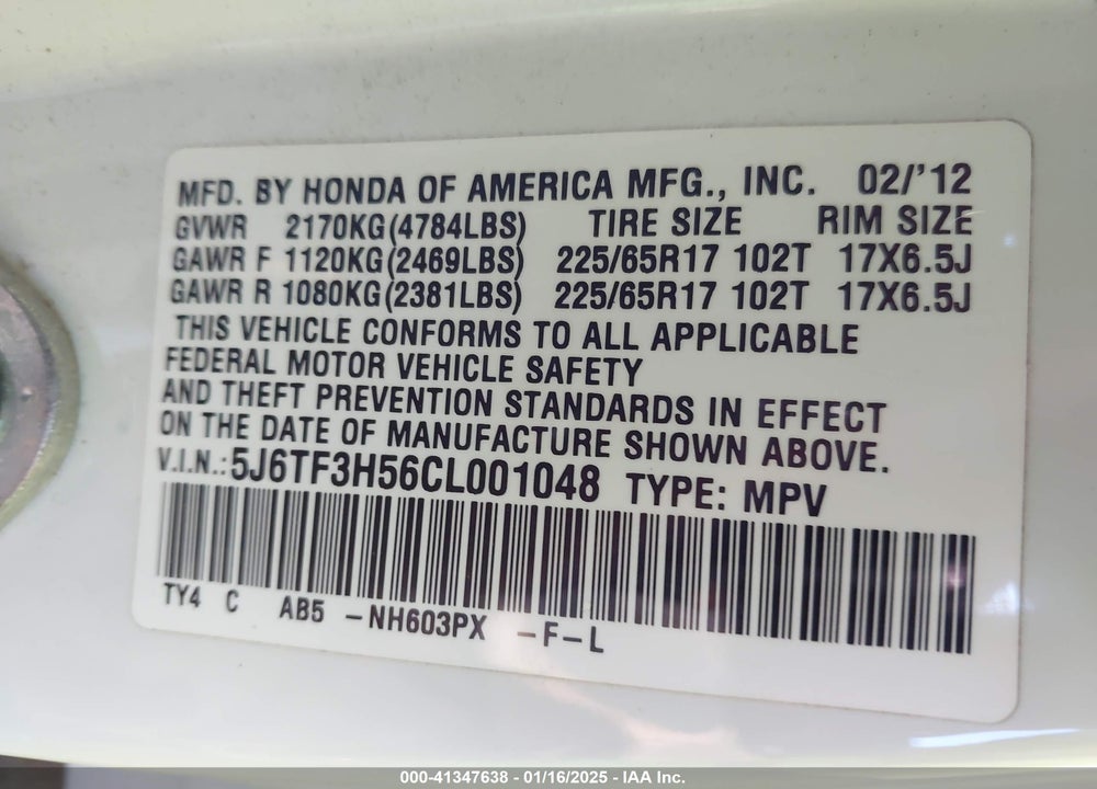 2012 HONDA CROSSTOUR EX-L VIN: 5J6TF3H56CL001048
