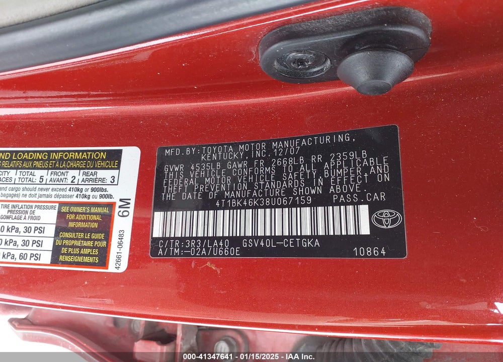 2008 TOYOTA CAMRY XLE V6 VIN: 4T1BK46K38U067159