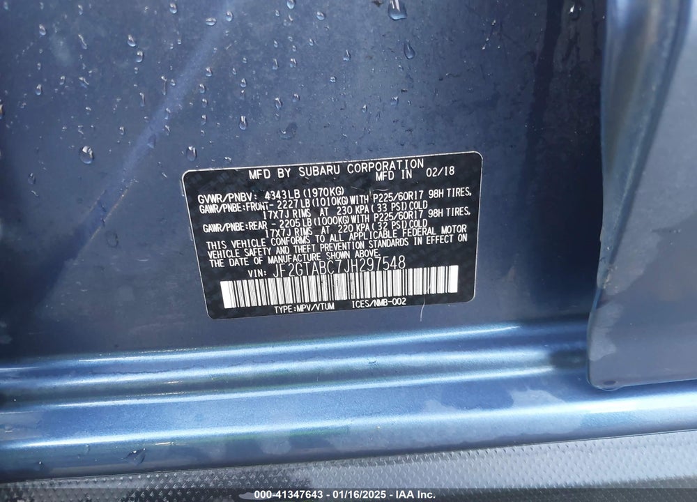 2018 SUBARU CROSSTREK 2.0I PREMIUM VIN: JF2GTABC7JH297548
