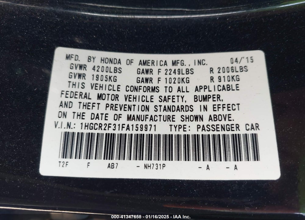 2015 HONDA ACCORD VIN: 1HGCR2F31FA159971
