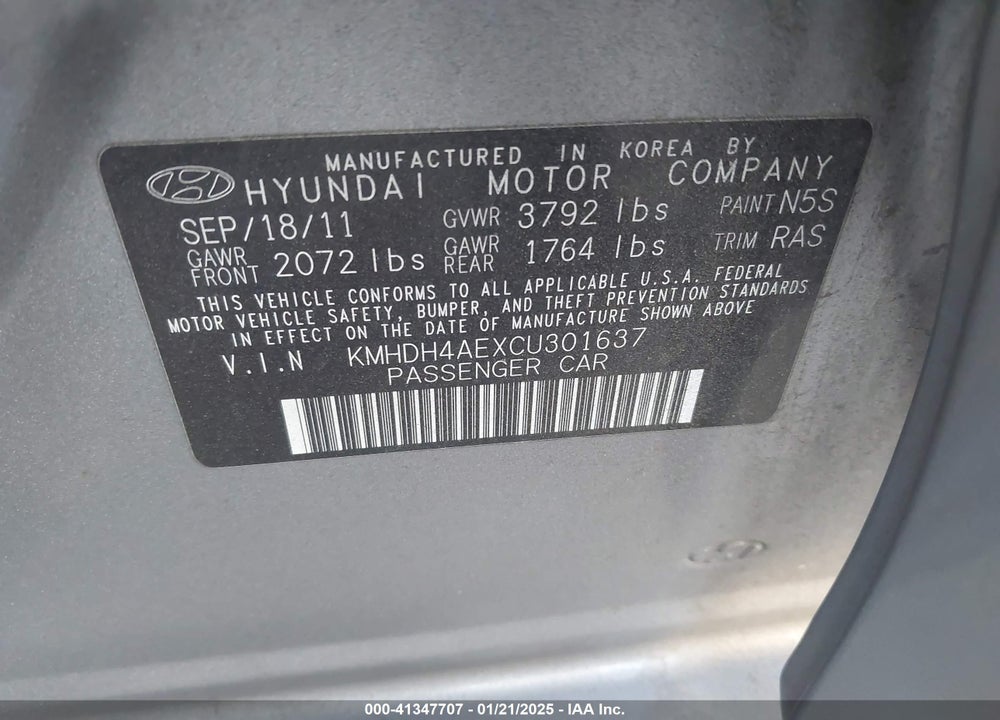 2012 HYUNDAI ELANTRA VIN: KMHDH4AEXCU301637