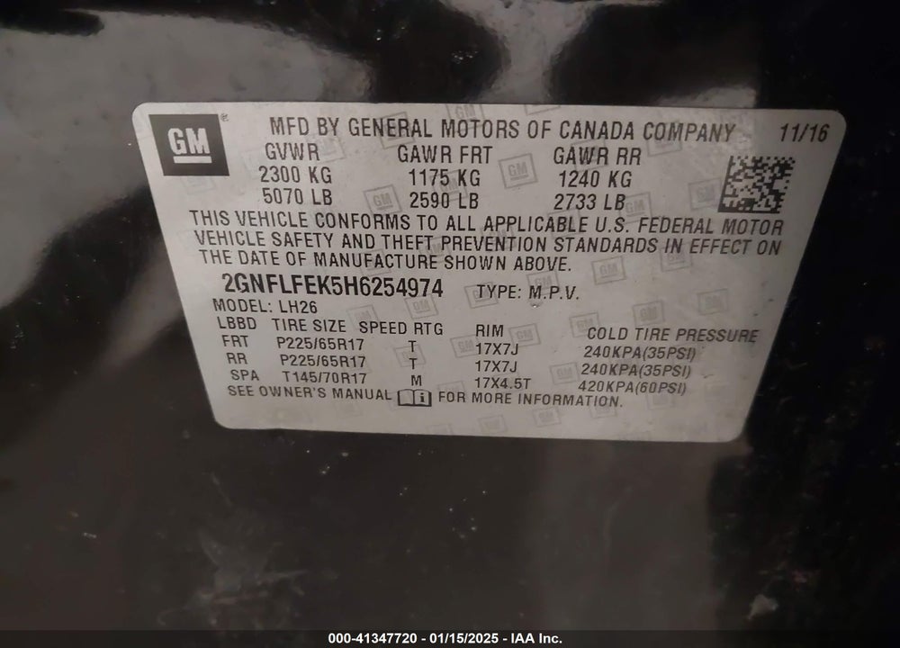 2017 CHEVROLET EQUINOX LT VIN: 2GNFLFEK5H6254974