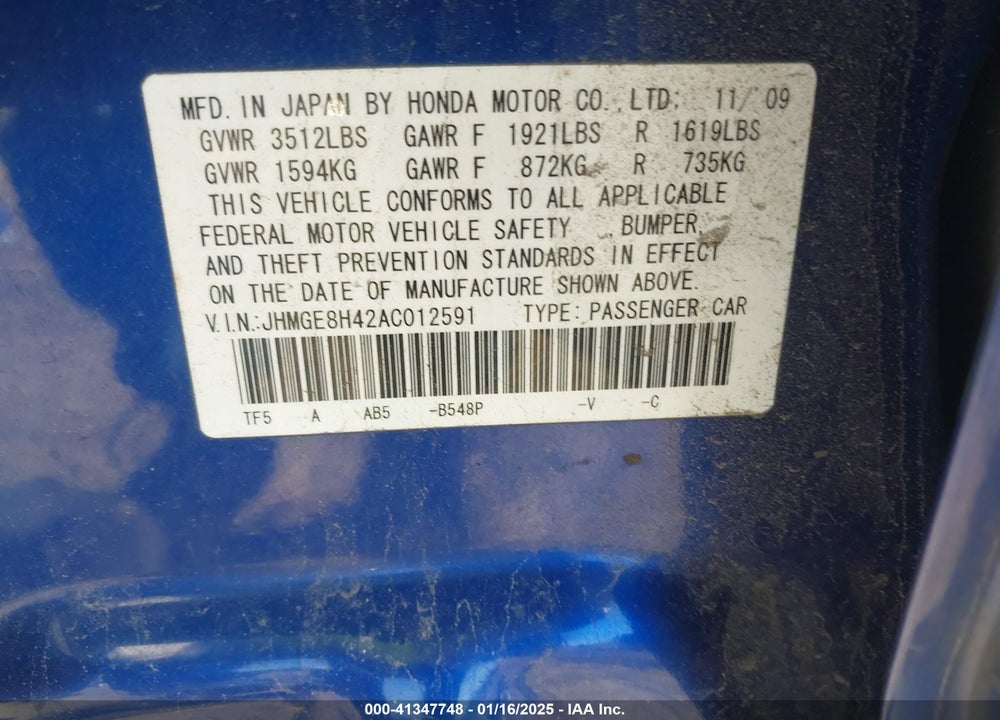 2010 HONDA FIT SPORT VIN: JHMGE8H42AC012591